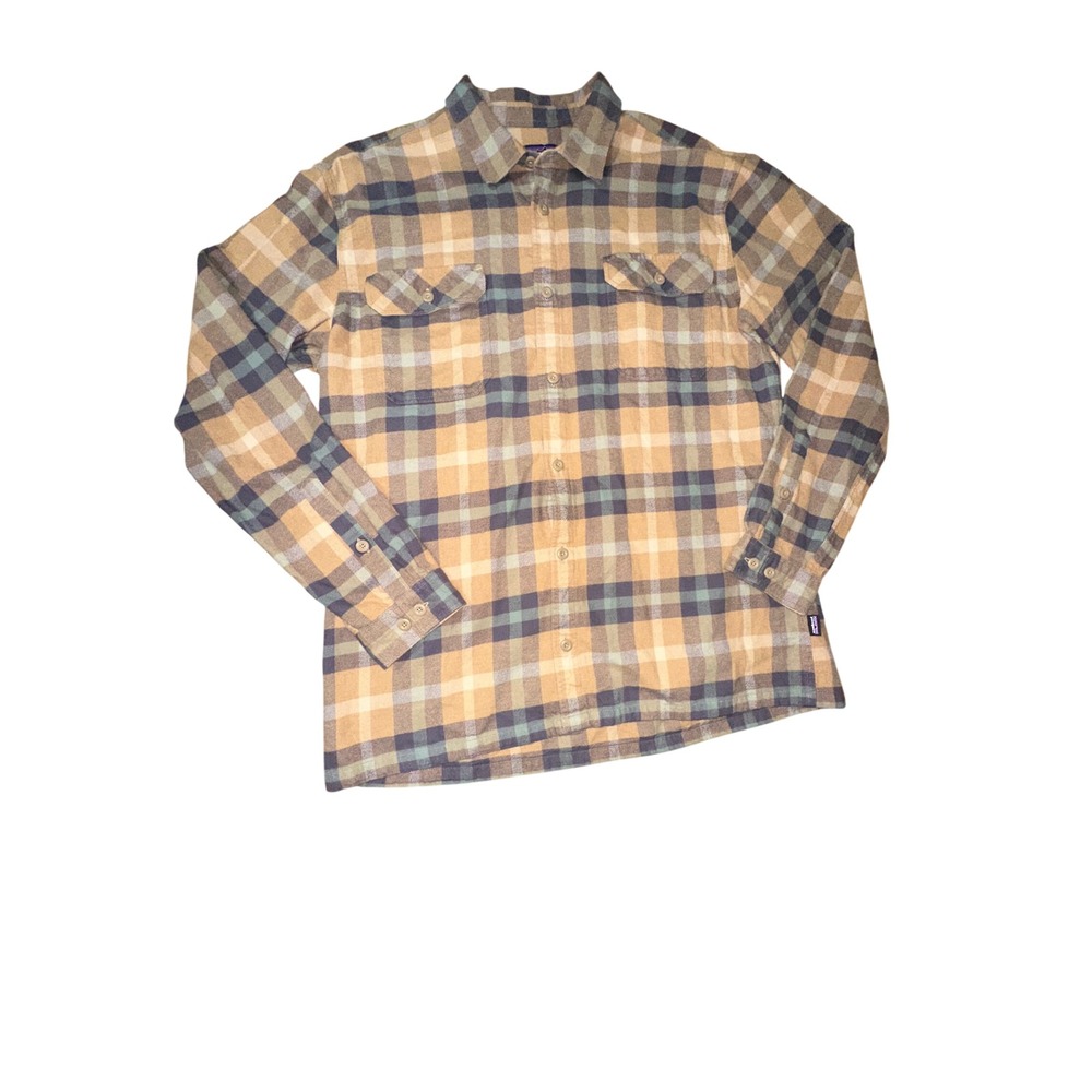Patagonia Mens Fjord Flannel Shirt XL Organic Cotton Plaid Tan Blue Long Sleeve